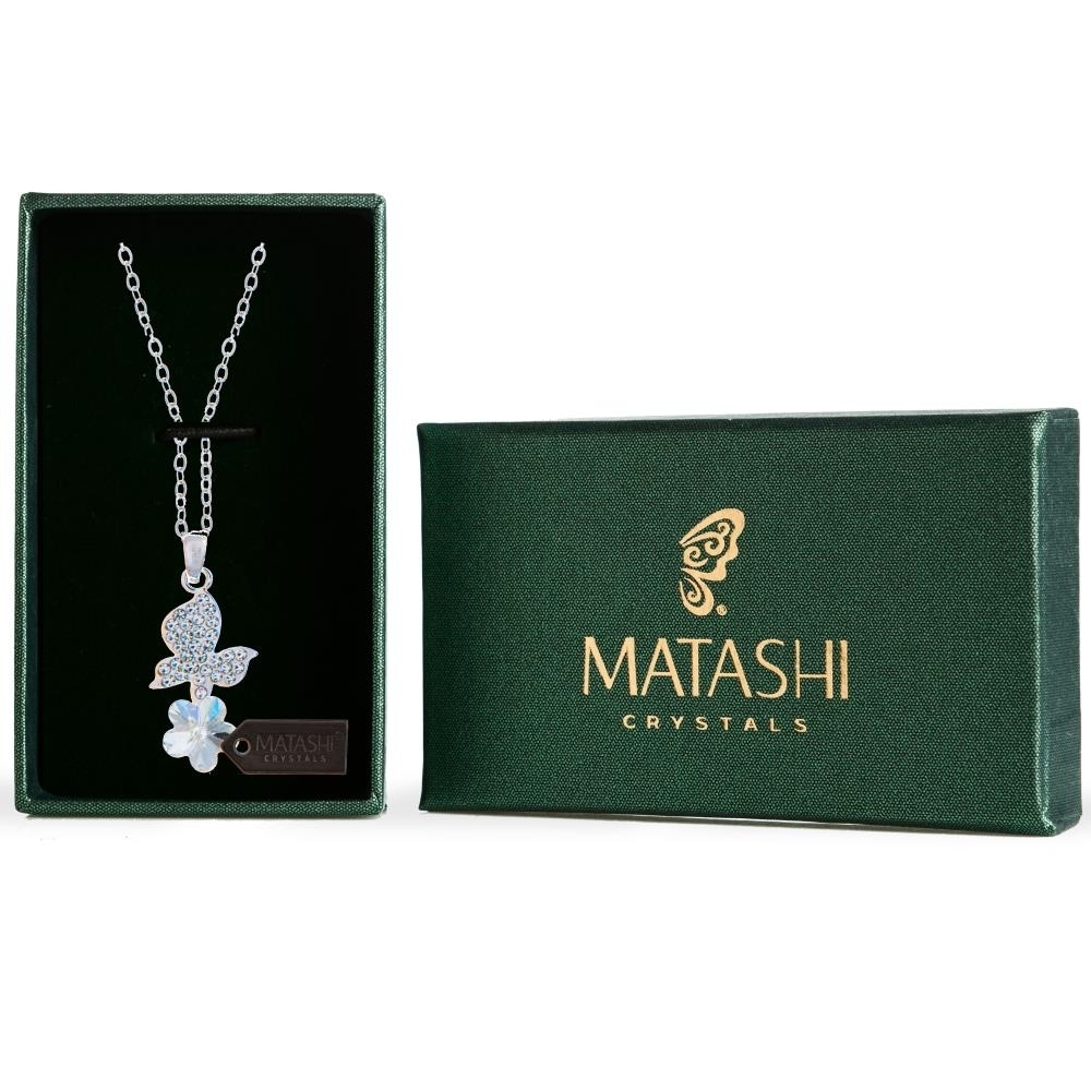 Matashi Rhodium Plated Necklace W Butterfly Alighting On A Flower Design & 16 Chain W Clear Crystals Women's Jewelry Gift For Christmas