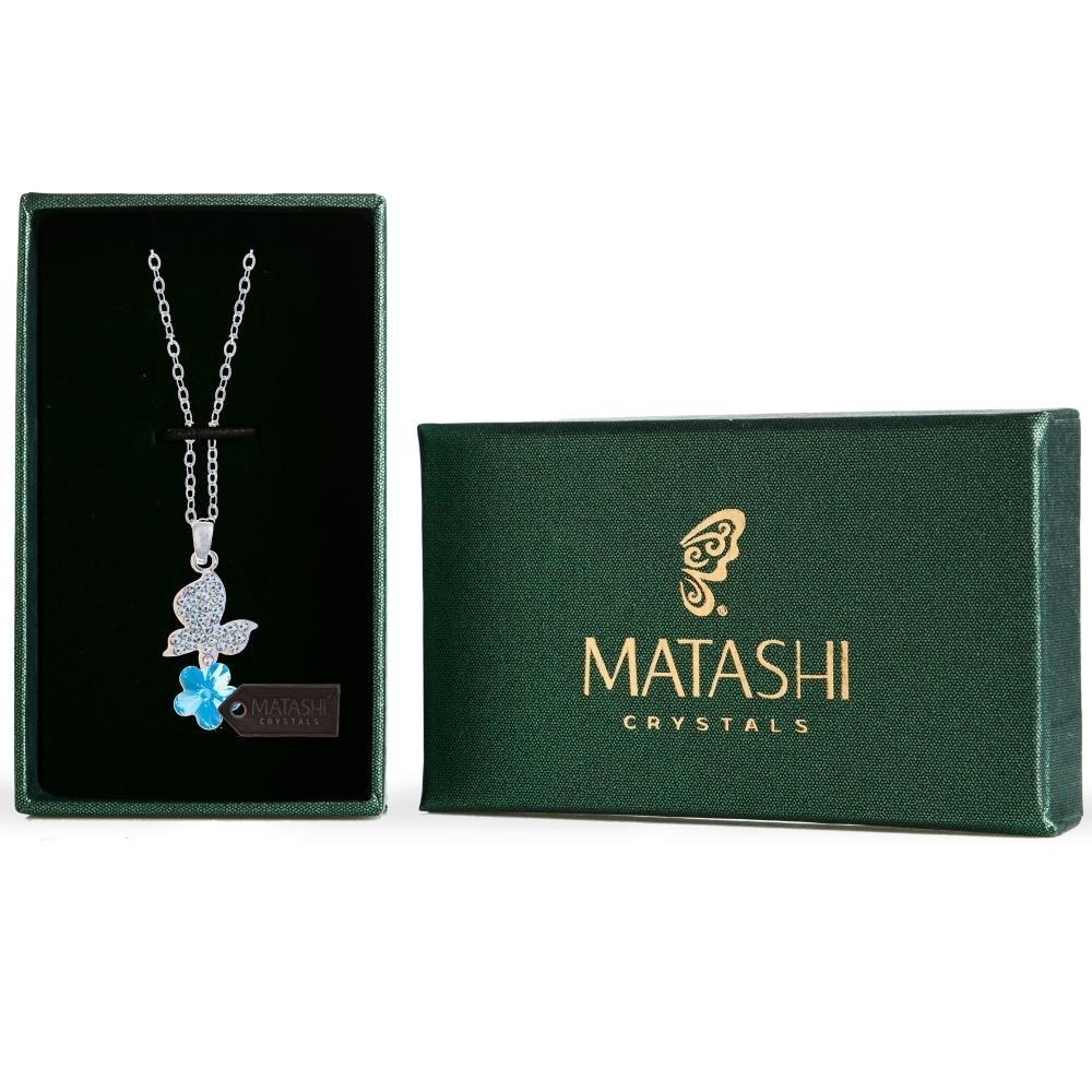 Matashi Rhodium Plated Necklace W Butterfly Alighting On Flower Design & 16 Chain W Blue Crystals Women's Jewelry Gift For Christmas