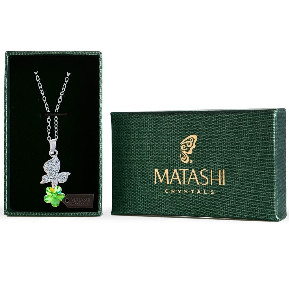 Matashi Rhodium Plated Necklace W Butterfly Alighting On Flower Design & 16 Chain W Olive Green Crystals Women's Jewelry Gift For Christmas