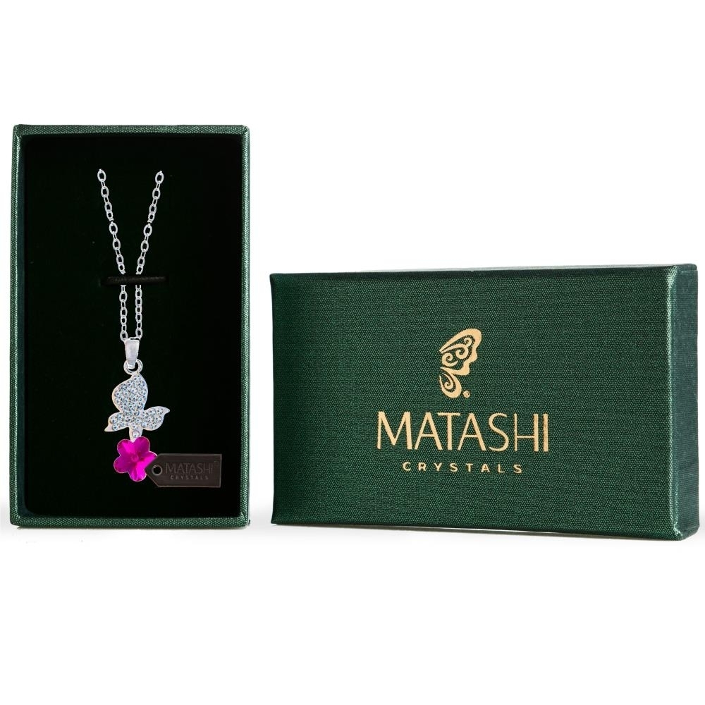 Matashi Rhodium Plated Necklace W Butterfly Alighting On A Flower Design & 16 Chain W Amaranth Crystals Women's Jewelry Gift For Christmas