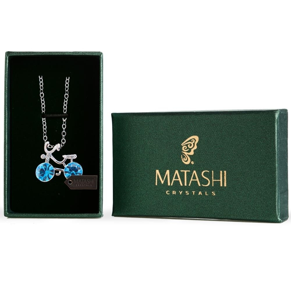 Matashi Rhodium Plated Necklace W Bicycle Design & 16 Extendable Chain W Ocean Blue Crystals Women's Jewelry Gift For Christmas