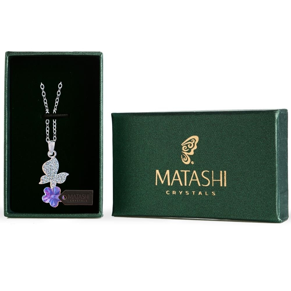 Matashi Rhodium Plated Necklace W Butterfly Alighting On A Flower Design & 16 Chain W Purple Crystals Women's Jewelry Gift For Christmas