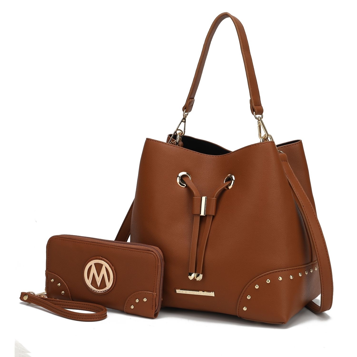 MKF Collection Callie Solid Bucket Handbag With Matching Wallet By Mia K - Cognac