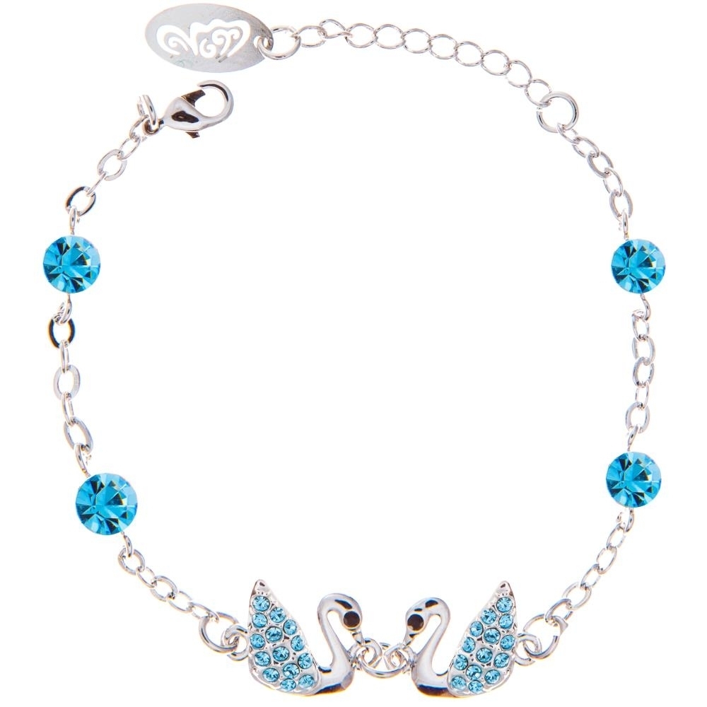Matashi Rhodium Plated Bracelet With Loving Swans Design With Lobster Clasp And High Quality Ocean Blue Crystals