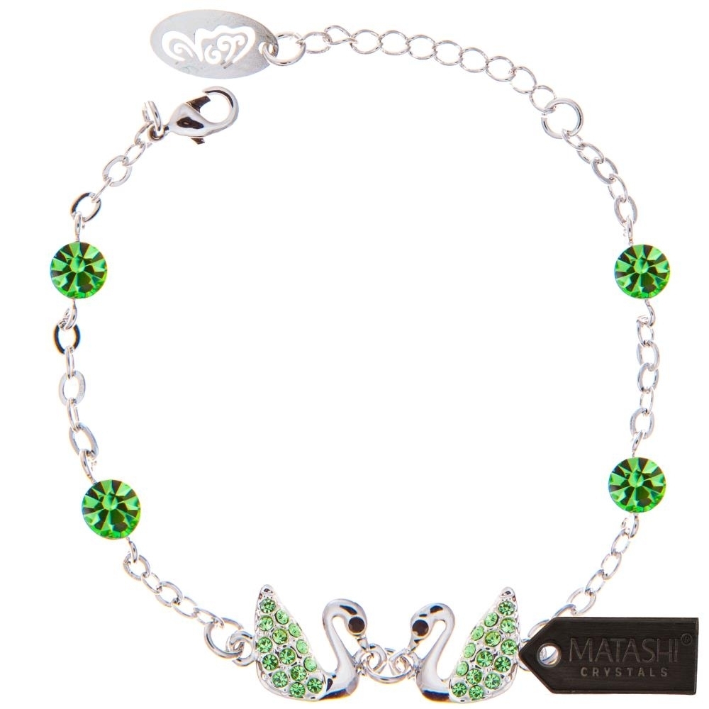 Matashi Rhodium Plated Bracelet W/ Loving Swans Design With Lobster Clasp And High Quality Olive Green Crystals