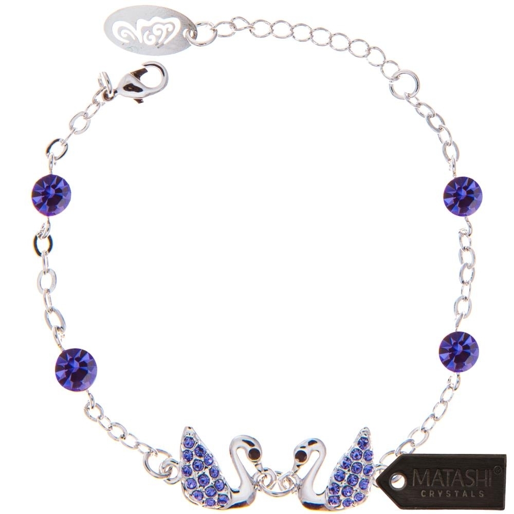 Matashi Rhodium Plated Bracelet With Loving Swans Design With Lobster Clasp And High Quality Purple Crystals