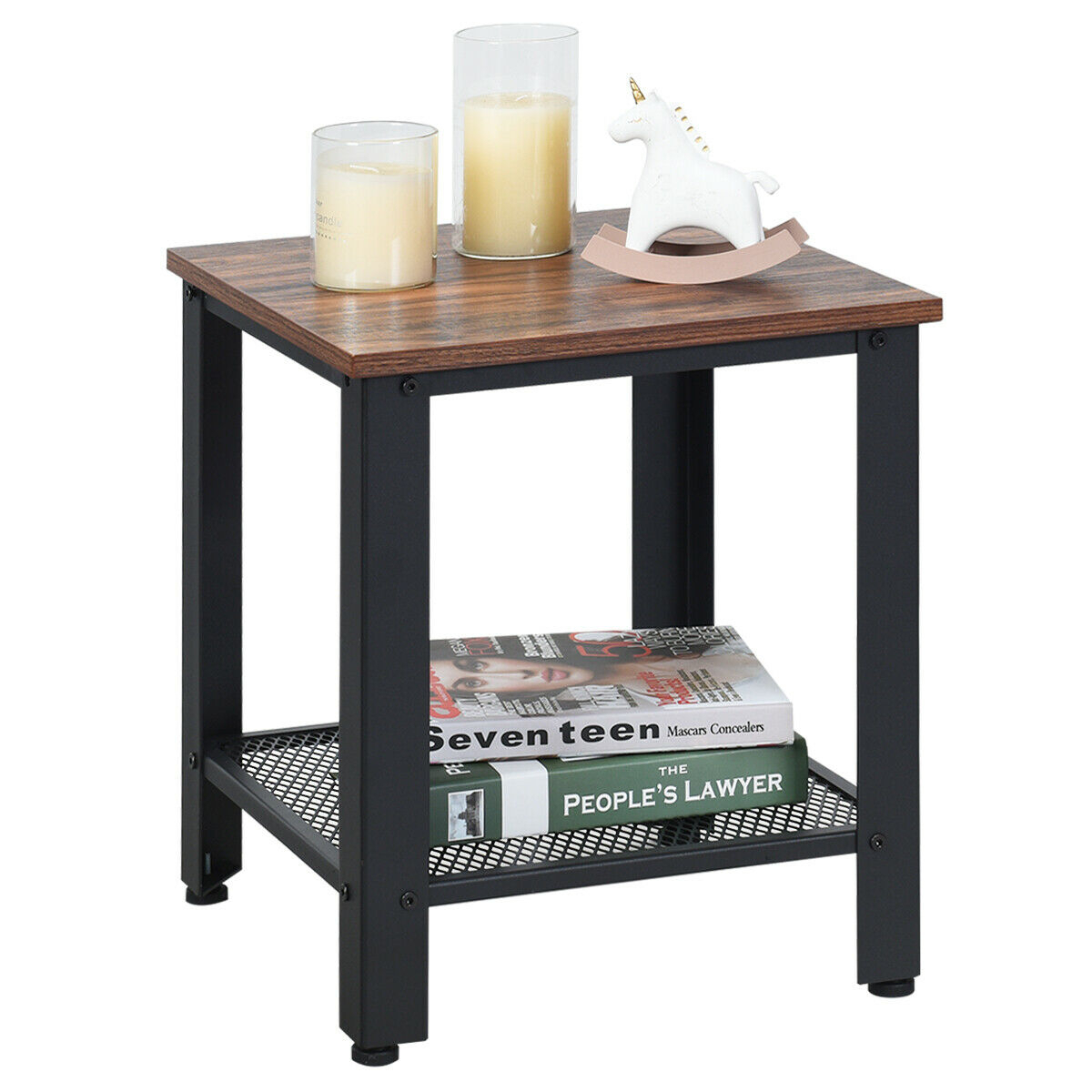 Industrial End Table 2-Tier Side Table W/Storage Shelf Rustic Sofa Table - Black