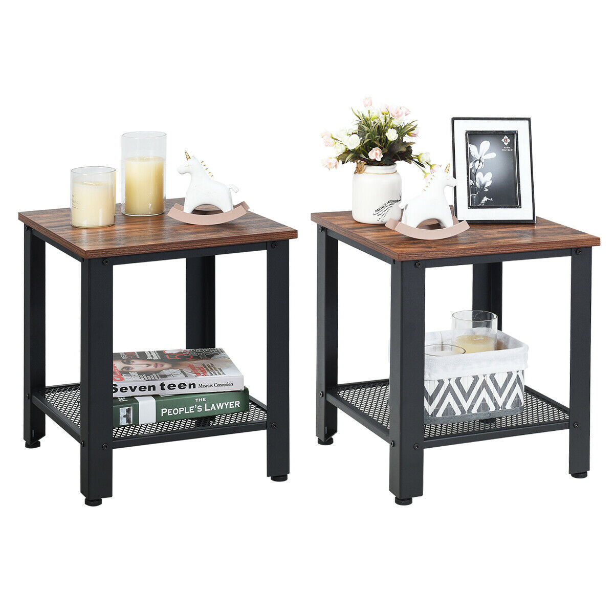 Set Of 2 Industrial End Table 2Tier Side Table W/Storage Shelf Sofa Table - Black