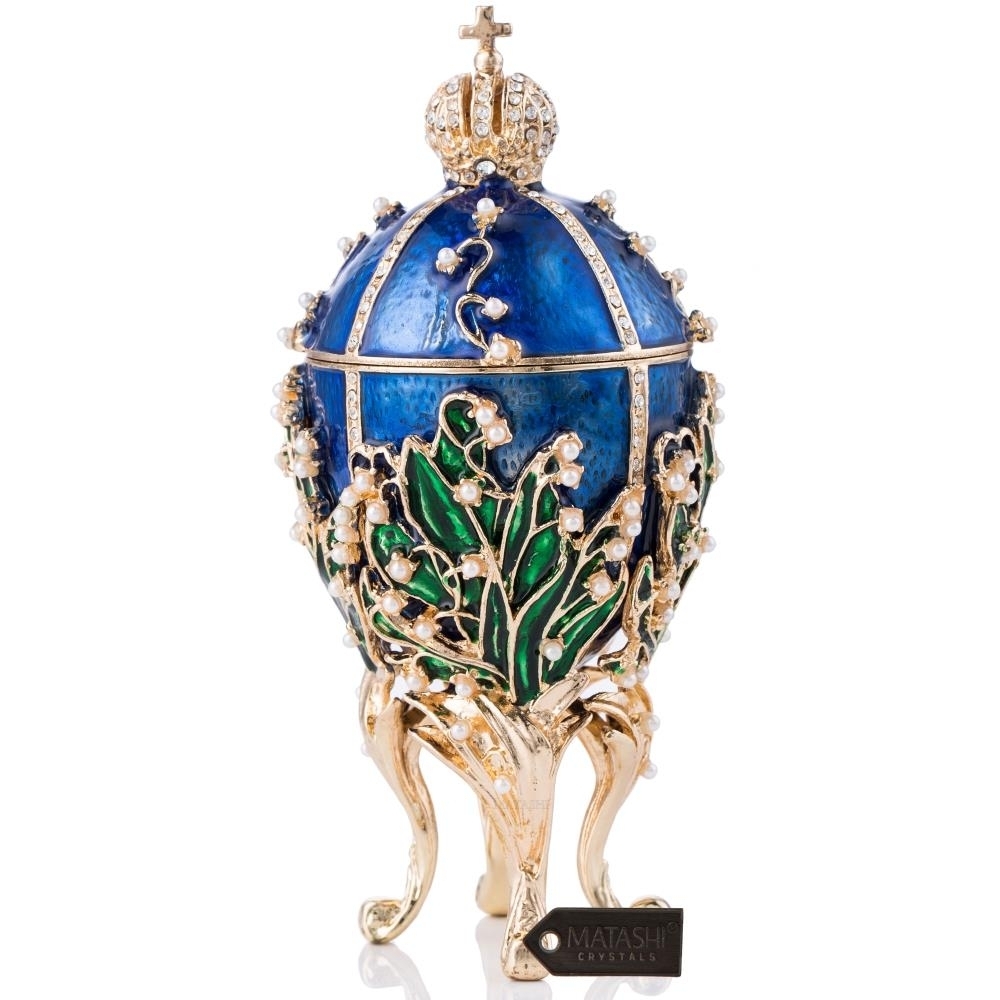 Matashi Hand Painted Hinged Top Blue Faberg Easter Egg Ornament/Trinket Box Embellished With 24K Gold, Pearls And Crystals