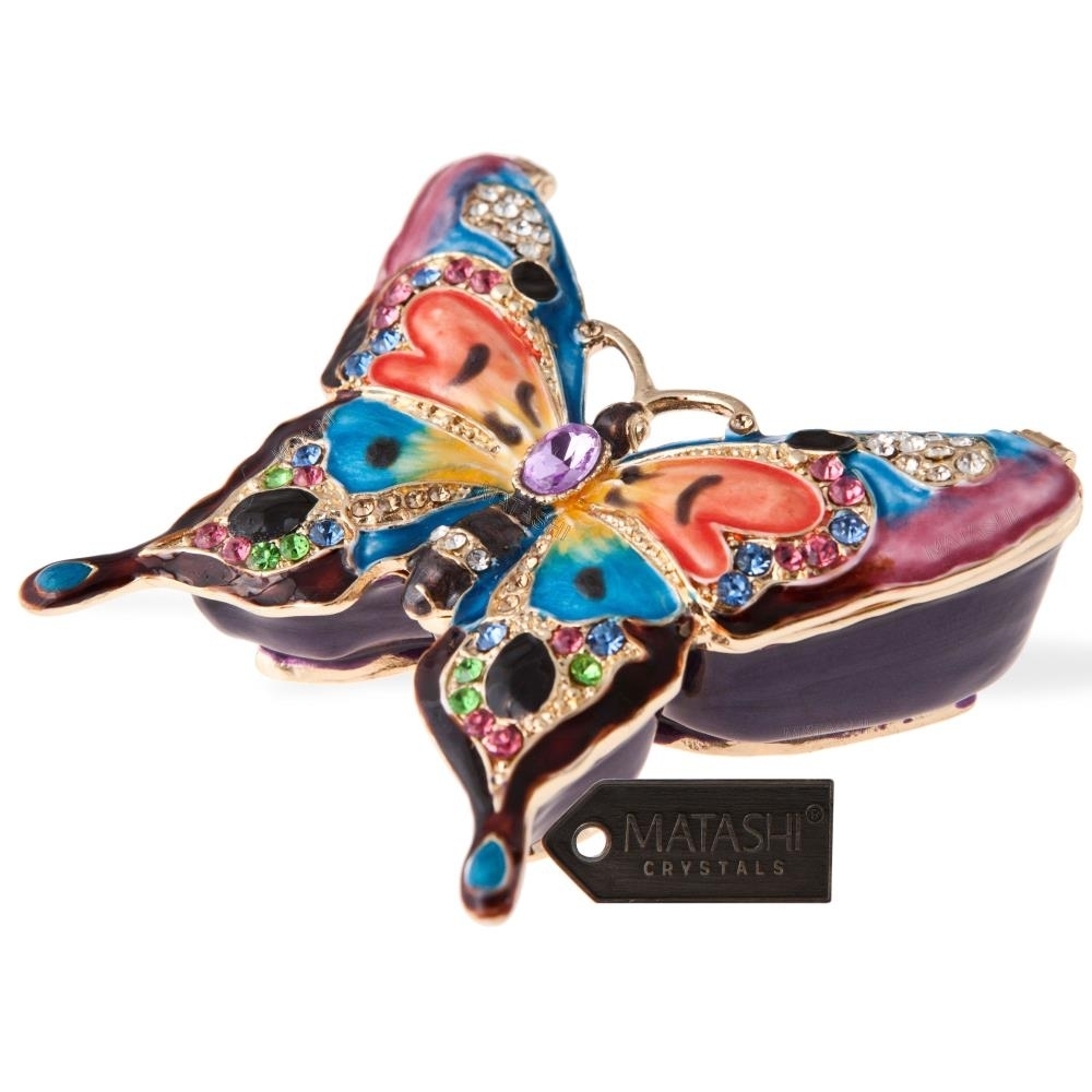 Matashi Hand Painted Butterfly In Flight Ornament/Trinket Box Embellished With 24K Gold & High Quality Matashi Crystals