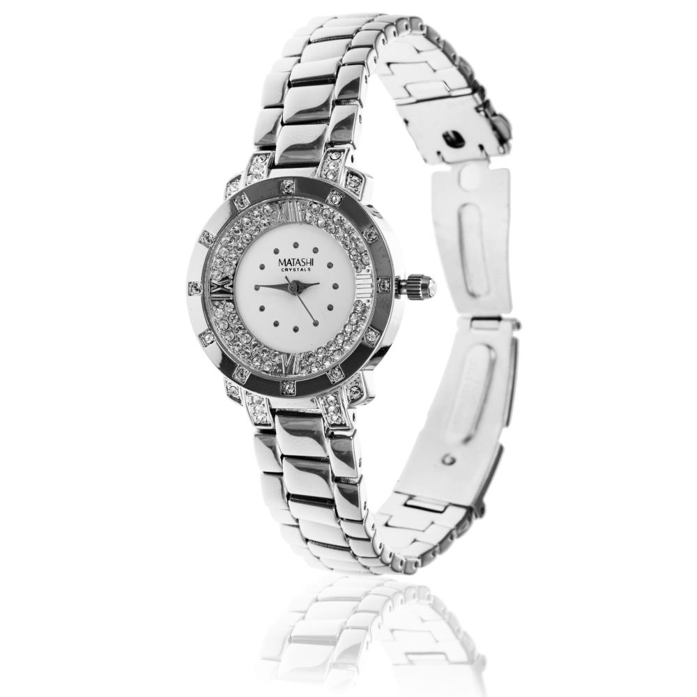 Matashi 18K White Gold Plated Woman's Watch W Adjustable Band Links & Encrusted W 60 Crystals Women's Jewelry Gift For Christmas