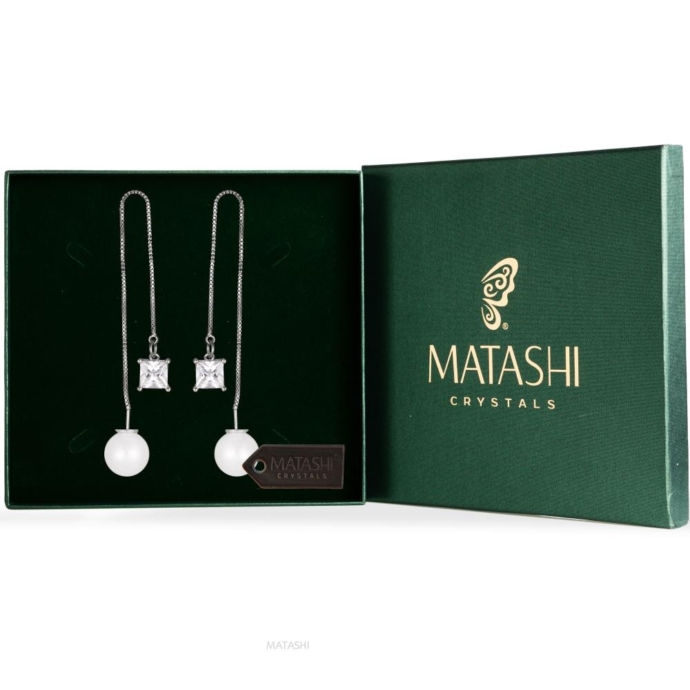 Matashi Rhodium Plated Linear Cubic Zirconia & Bold Pearl Back Drop Earnings For Women - Stud Earrings Jewelry For Wife Mom Girlfriend