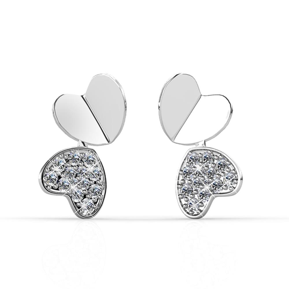 Matashi 18K White Gold Plated Earrings W Reflecting Double Heart Design & Encrusted W/ Crystals Women's Jewelry Gift For Christmas