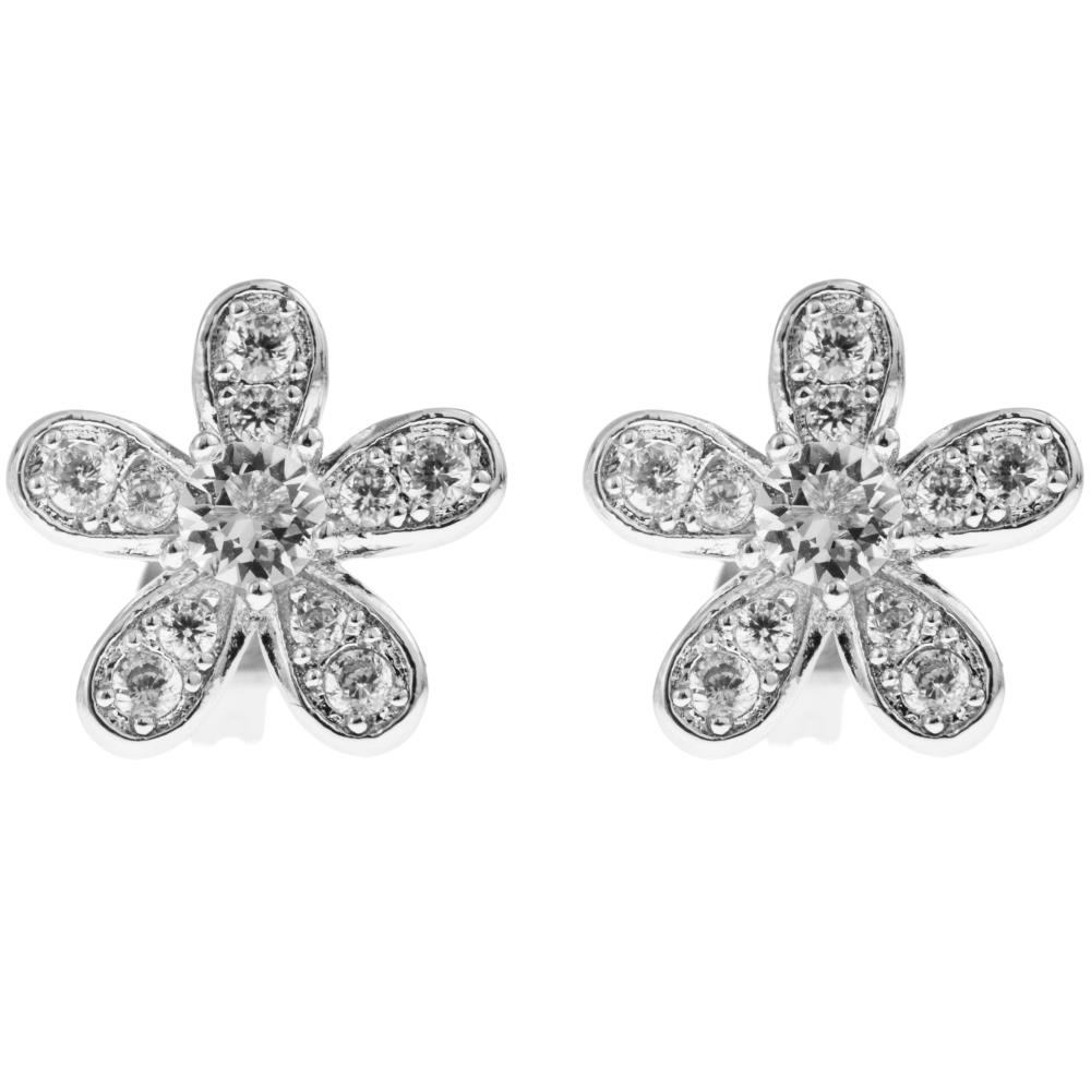 Matashi 18K White Gold Plated Stud Earrings W 'Delicate 5 Petalled Flower' Design & Crystals Women's Jewelry Gift For Christmas Mother's Day
