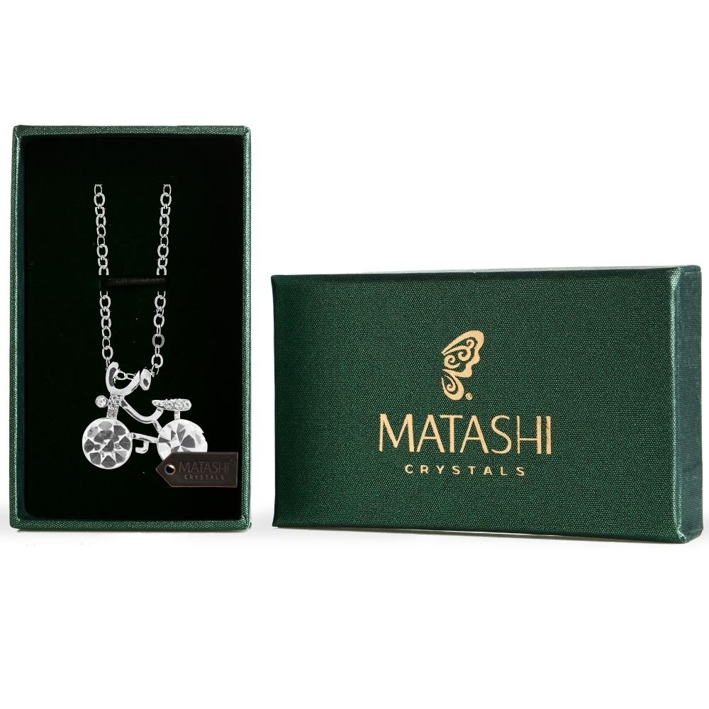 Matashi Rhodium Plated Necklace W Bicycle Design & 16 Extendable Chain W Clear Crystals Women's Jewelry Gift For Christmas