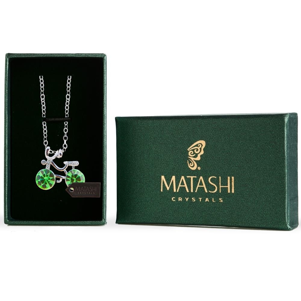 Matashi Rhodium Plated Necklace W Bicycle Design & 16 Extendable Chain W Olive Green Crystals Women's Jewelry Gift For Christmas