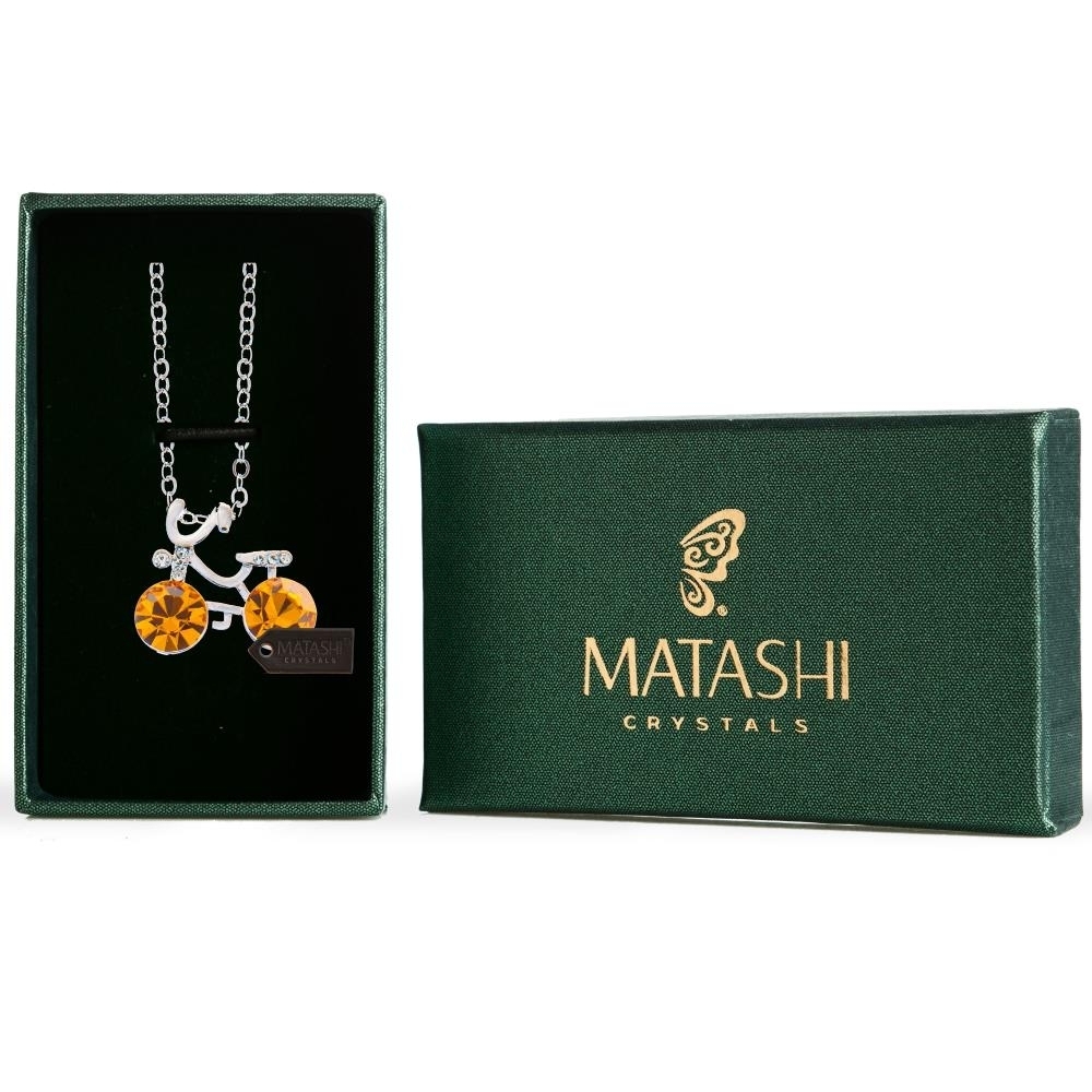 Matashi Rhodium Plated Necklace W Bicycle Design & 16 Extendable Chain W Yellow Crystals Women's Jewelry Gift For Christmas