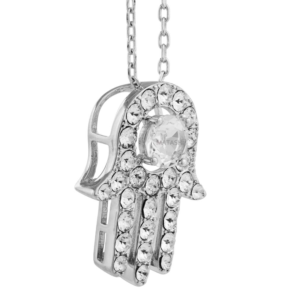 Matashi 18K White Gold Plated Necklace W Hamsa (Hand Of Fatima) Design W 16 Extendable Chain & Crystals Women's Jewelry Gift For Christmas