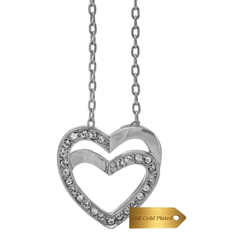 Matashi White Gold Plated Double Heart Pendant Necklace W Sparkling Clear Crystals Women's Jewelry Gift For Christmas Mother's Day