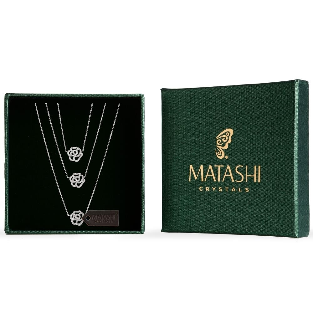 Matashi Rhodium Plated 3 Strand Rose Chain Necklace Jewelry For Women Layered 3 Floral Zircon Pendant Adjustable Chain Gift For Christmas