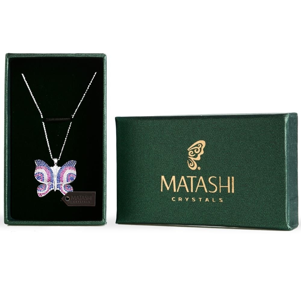 Matashi Rhodium Plated Butterfly Necklace W Pink Blue Clear CZ Stones Christmas Gift For Mom Wife Girlfriend Gift For Birthday Mother's Day