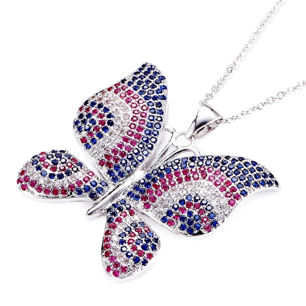 Matashi Rhodium Plated Butterfly Necklace W Pink Blue Clear CZ Stones Christmas Gift For Mom Wife Girlfriend Gift For Birthday Mother's Day
