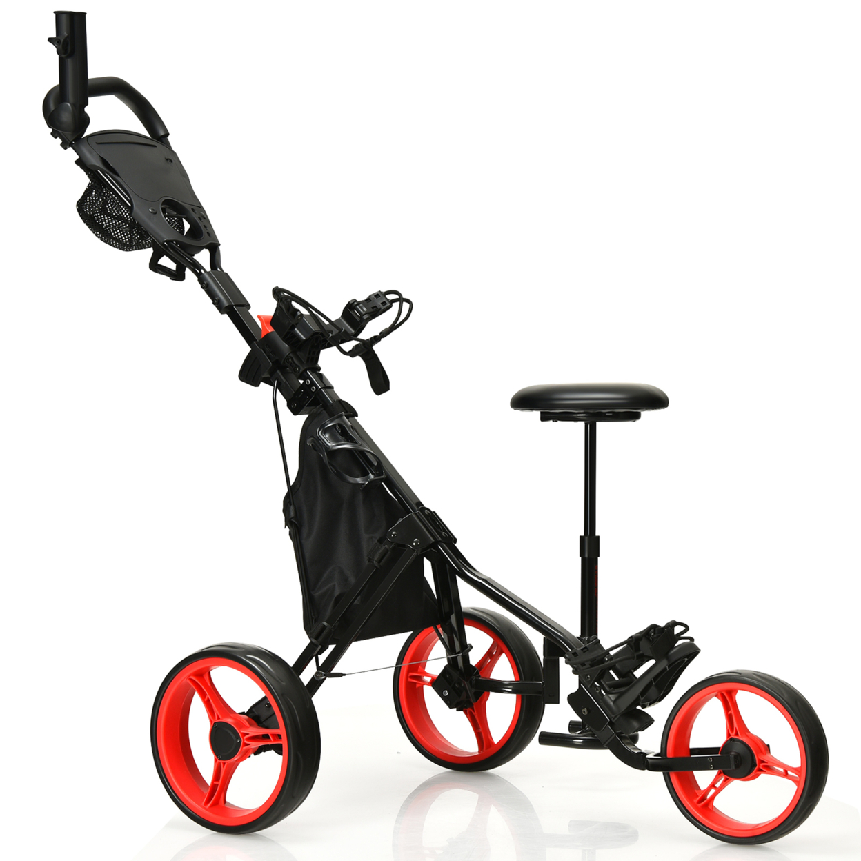 3-Wheel Foldable Golf Push Pull Cart Trolley W/ Seat Adjustable Handle - Red