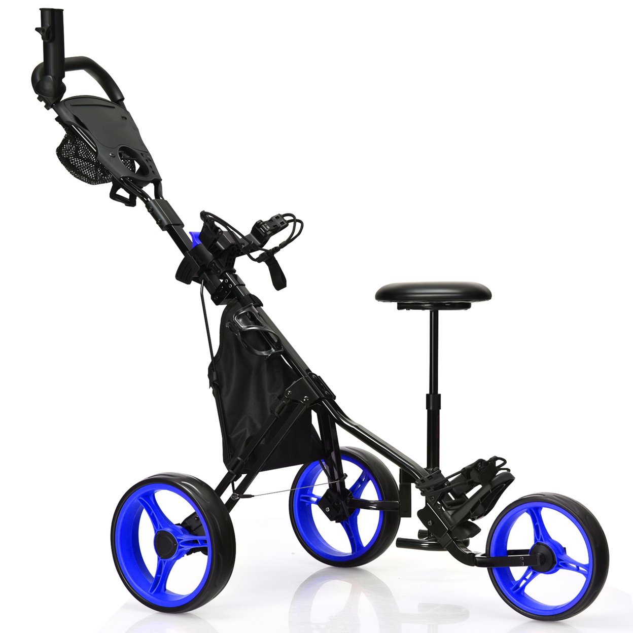 3-Wheel Foldable Golf Push Pull Cart Trolley W/ Seat Adjustable Handle - Blue