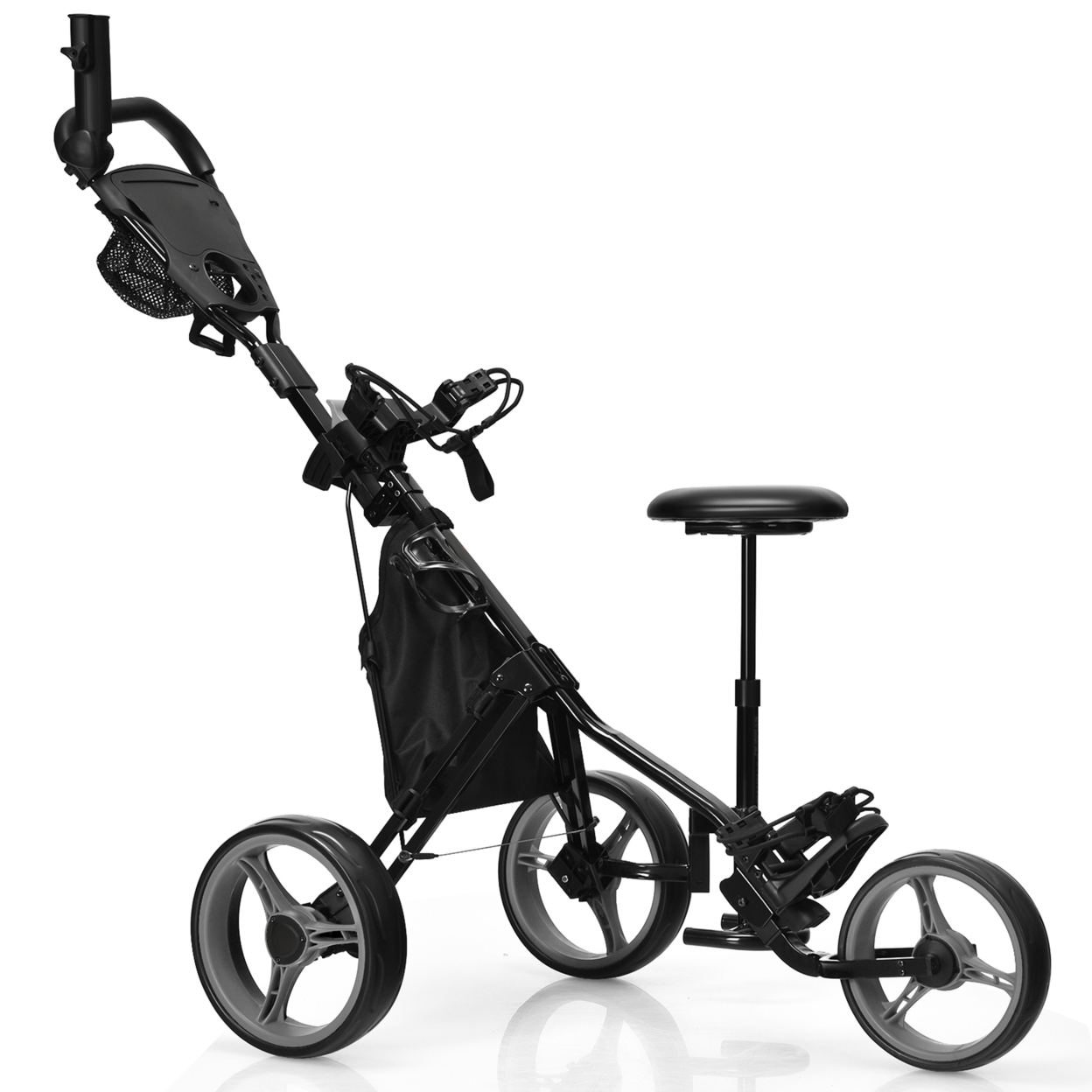 3-Wheel Foldable Golf Push Pull Cart Trolley W/ Seat Adjustable Handle - Grey