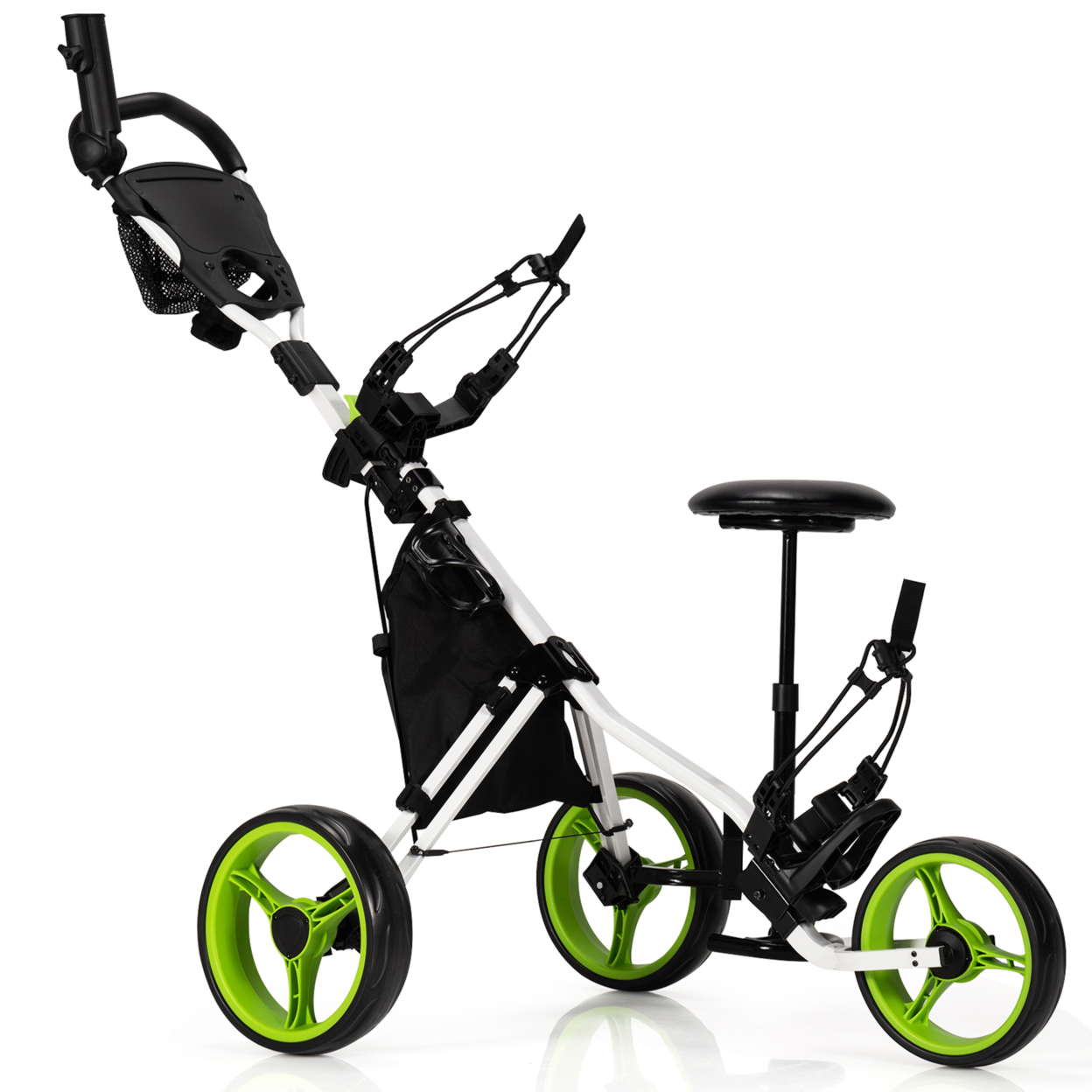 3-Wheel Foldable Golf Push Pull Cart Trolley W/ Seat Adjustable Handle - Green