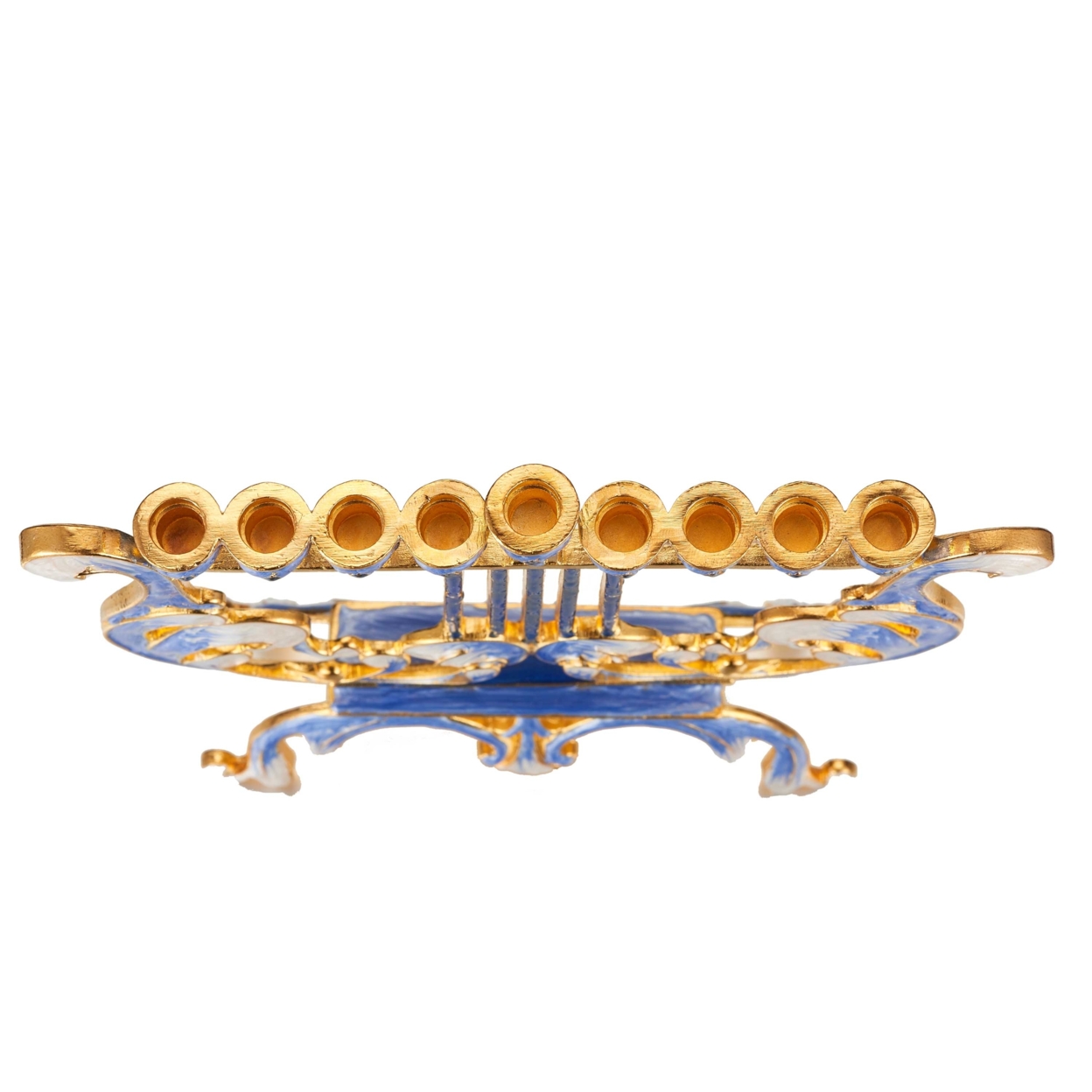 Matashi Hand Painted Blue And Ivory Harp Menorah Candelabra, W/ Gold Accents & Crystals Jewish Hanukkah Decor Holiday Gift