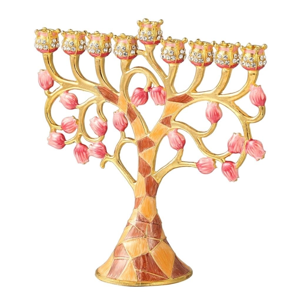 Matashi Hand Painted Enamel Menorah Candelabra W/ Intertwining Pomegranate Design W/ Gold Accents & Crystals Jewish Hanukkah Holiday Decor