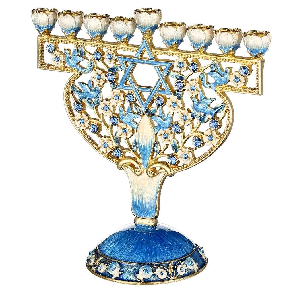 Matashi Hand Painted Enamel Menorah Candelabra With Doves & Flowers Design W/ Gold Accents & Crystals Jewish Hanukkah Decor Holiday Gift