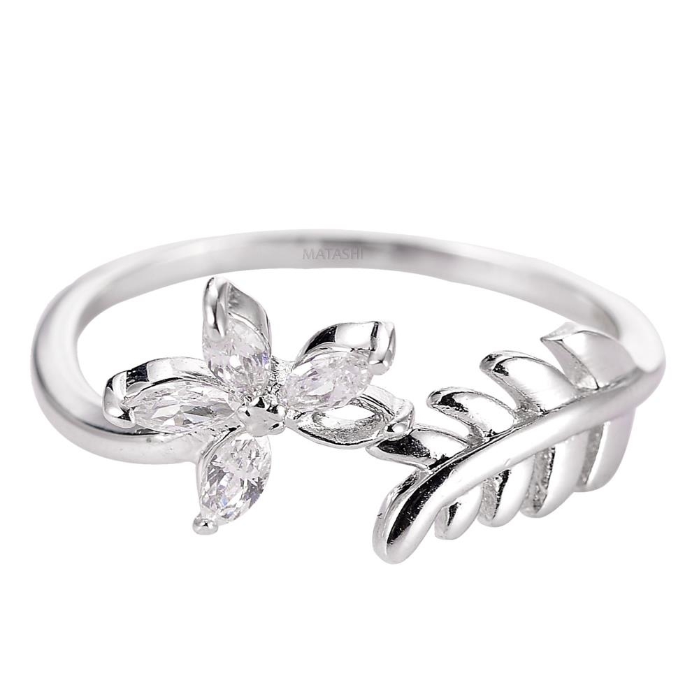 Matashi Rhodium Plated Flower Zircon Ring For Women - Open Cocktail Flower Ring Fashion Jewelry (Size 5)