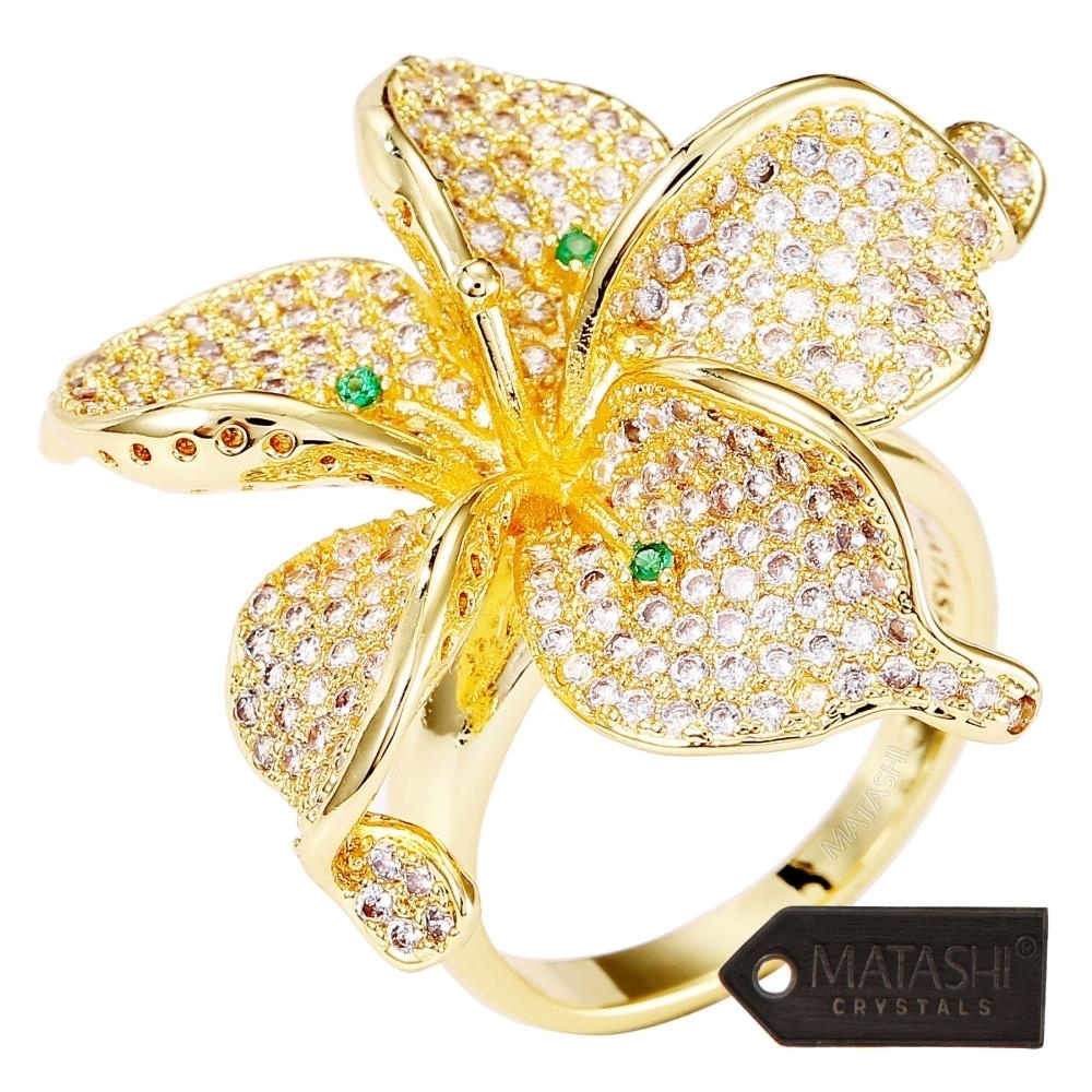 Matashi Flower Ring For Women Cubic Zirconium, Gold-Plated W/ Clear And Green Crystals, Intricate Floral Designs (Size 5)