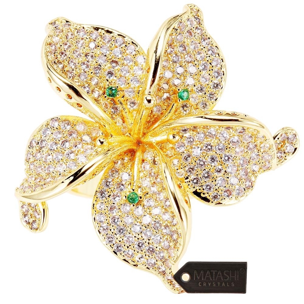 Matashi Flower Ring For Women Cubic Zirconium, Gold-Plated W/ Clear And Green Crystals, Intricate Floral Designs (Size 5)