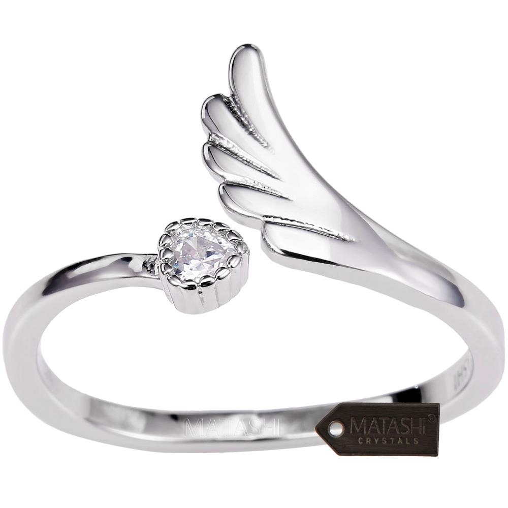 Matashi Rhodium Plated Wrap Ring With Wing & Beautiful CZ Stone Size 5 - Mesmerizing Crystal Clear Stone, Comfy Fit