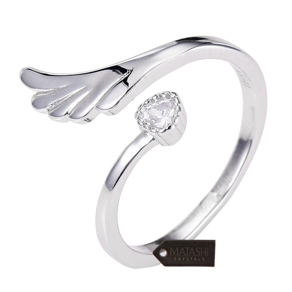 Matashi Rhodium Plated Wrap Ring With Wing & Beautiful CZ Stone Size 5 - Mesmerizing Crystal Clear Stone, Comfy Fit