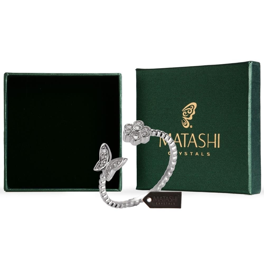 Matashi Rhodium Plated Flower Butterfly Zircon Open Ring For Women - Women Open Statement Rings Size 7