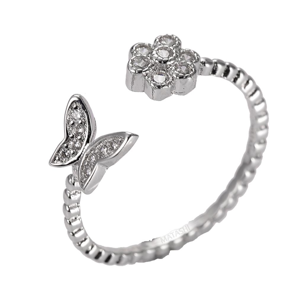 Matashi Rhodium Plated Flower Butterfly Zircon Open Ring For Women - Open Cocktail Rose Ring Fashion Jewelry Size 6