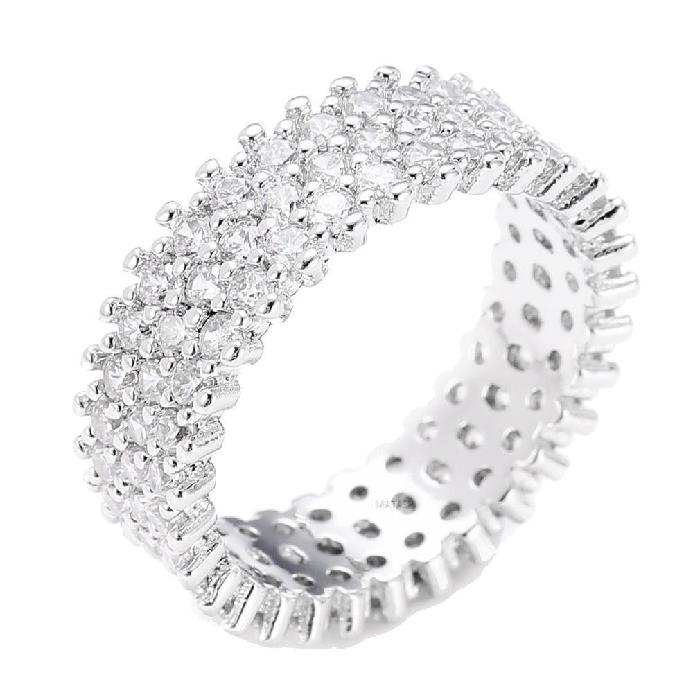 Matashi Rhodium Plated Wide 3 Row Eternity Ring Band For Women With CZ Stones Size 5