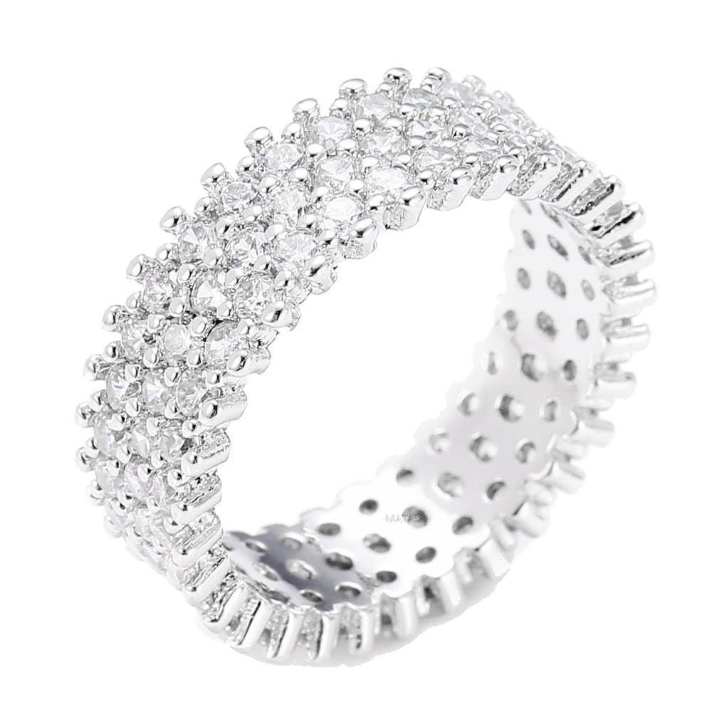 Matashi Rhodium Plated Wide 3 Row Eternity Ring Band For Women With CZ Stones Size 6