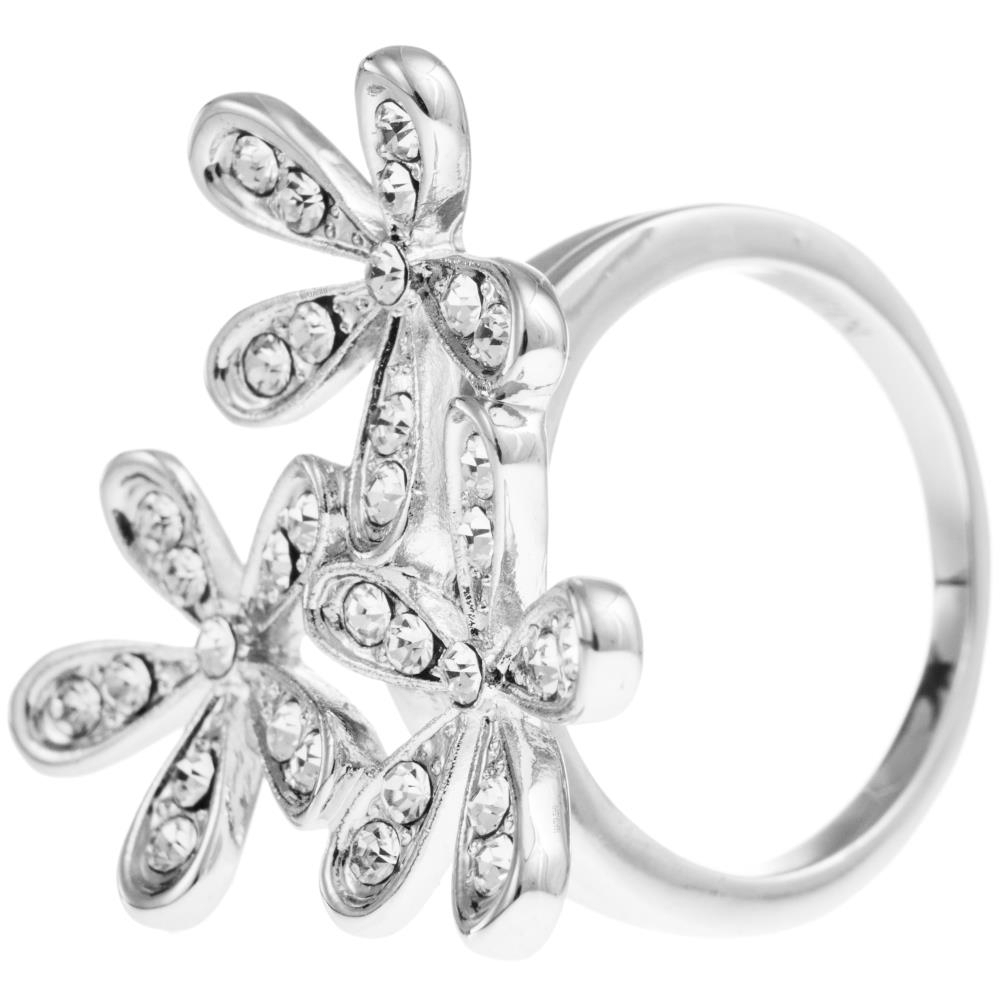 Matashi Rhodium Plated Ring With 3 Flower Bouquet Design And High Quality Crystals (Size # 7)