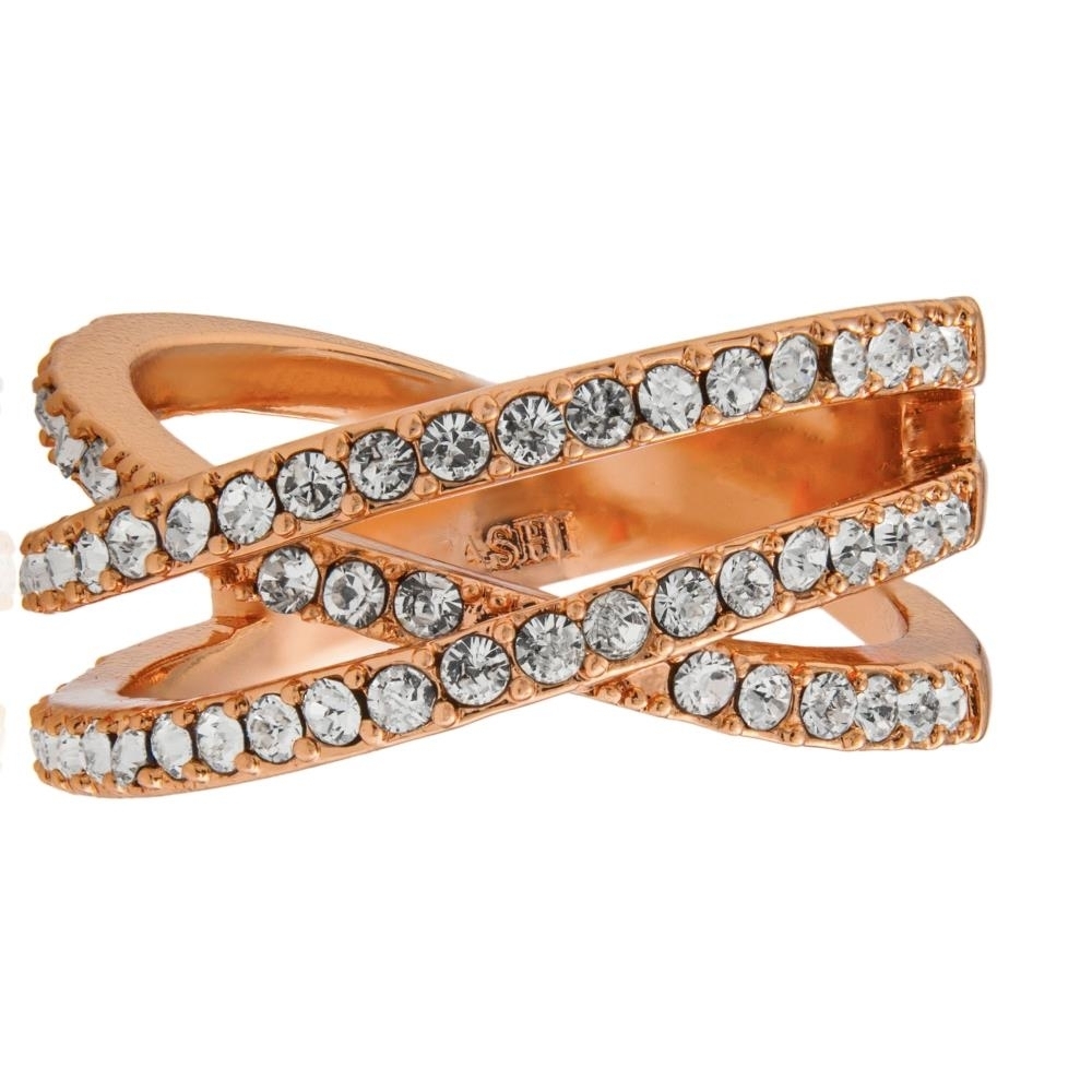Matashi Rose Gold Plated Double Crossed Ring With Luxury Sparkling Crystals Pave Design Size 6