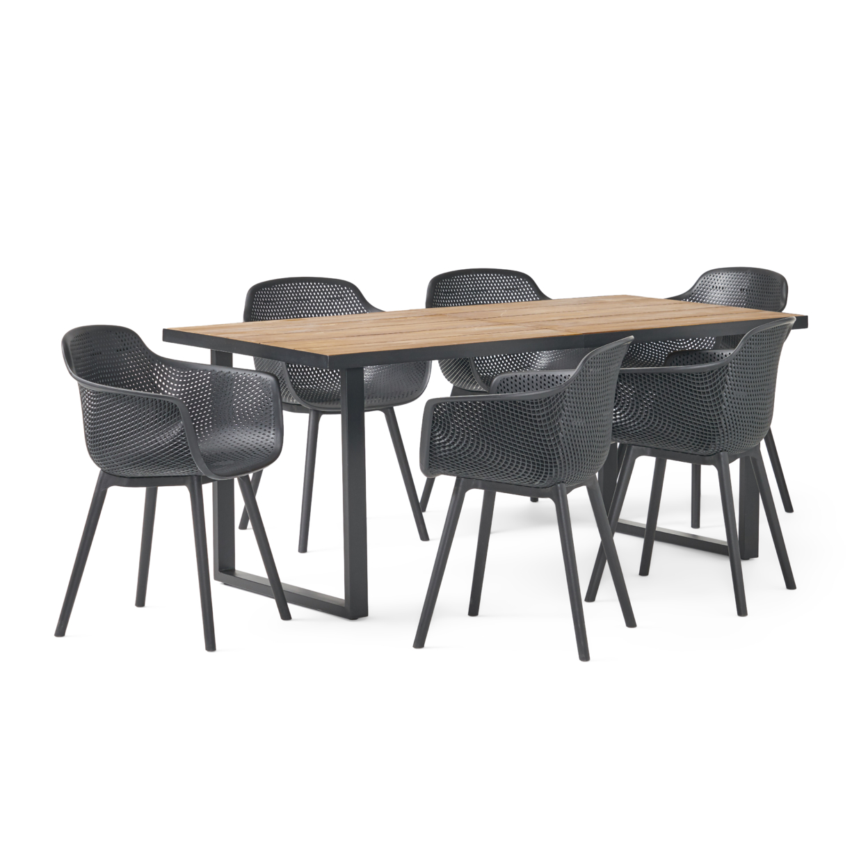 Lotus Outdoor Wood And Resin 7 Piece Dining Set, Black And Teak