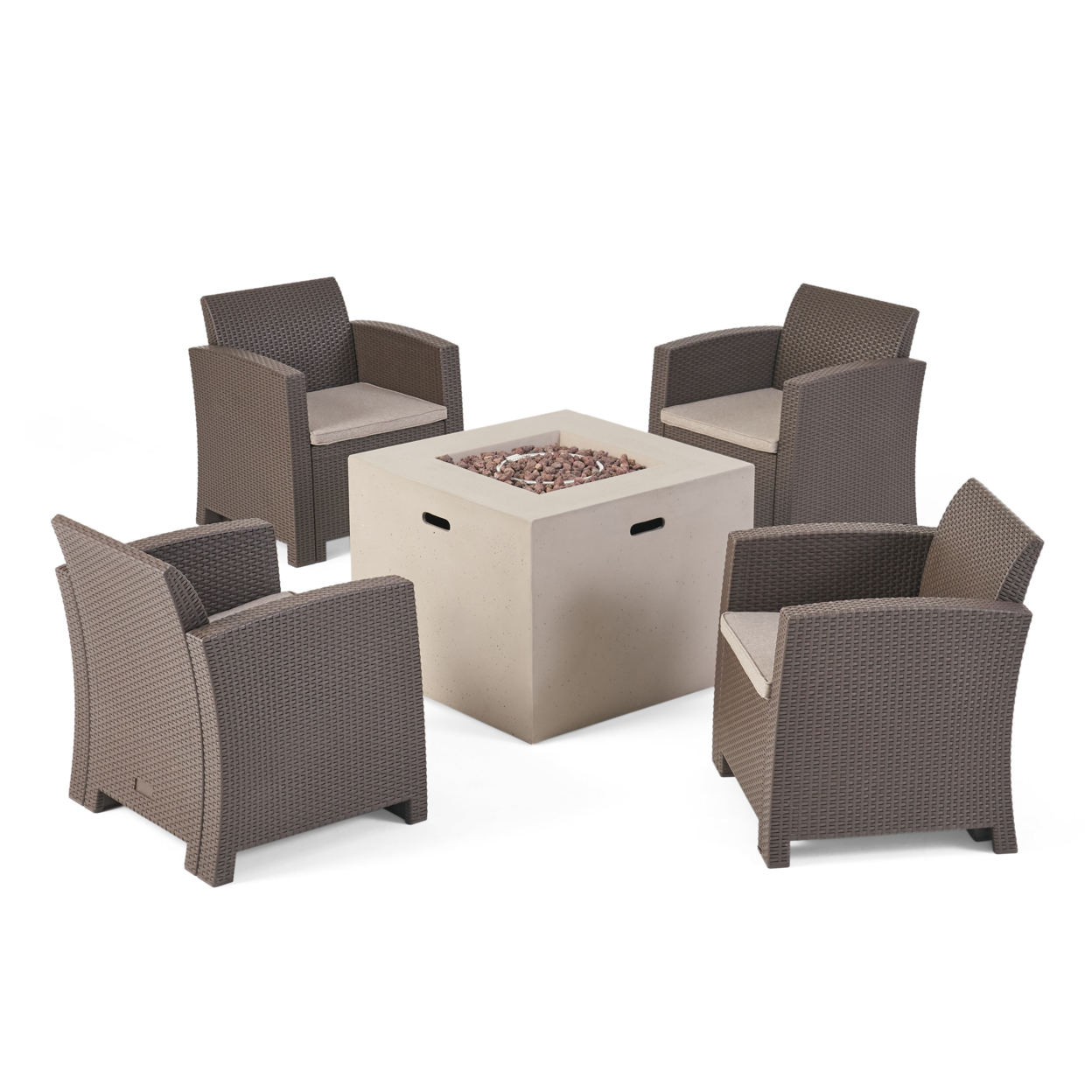 Houston Outdoor 4-Seater Wicker Print Chat Set With Propane Fire Pit - Brown + Mixed Biege + Light Gray