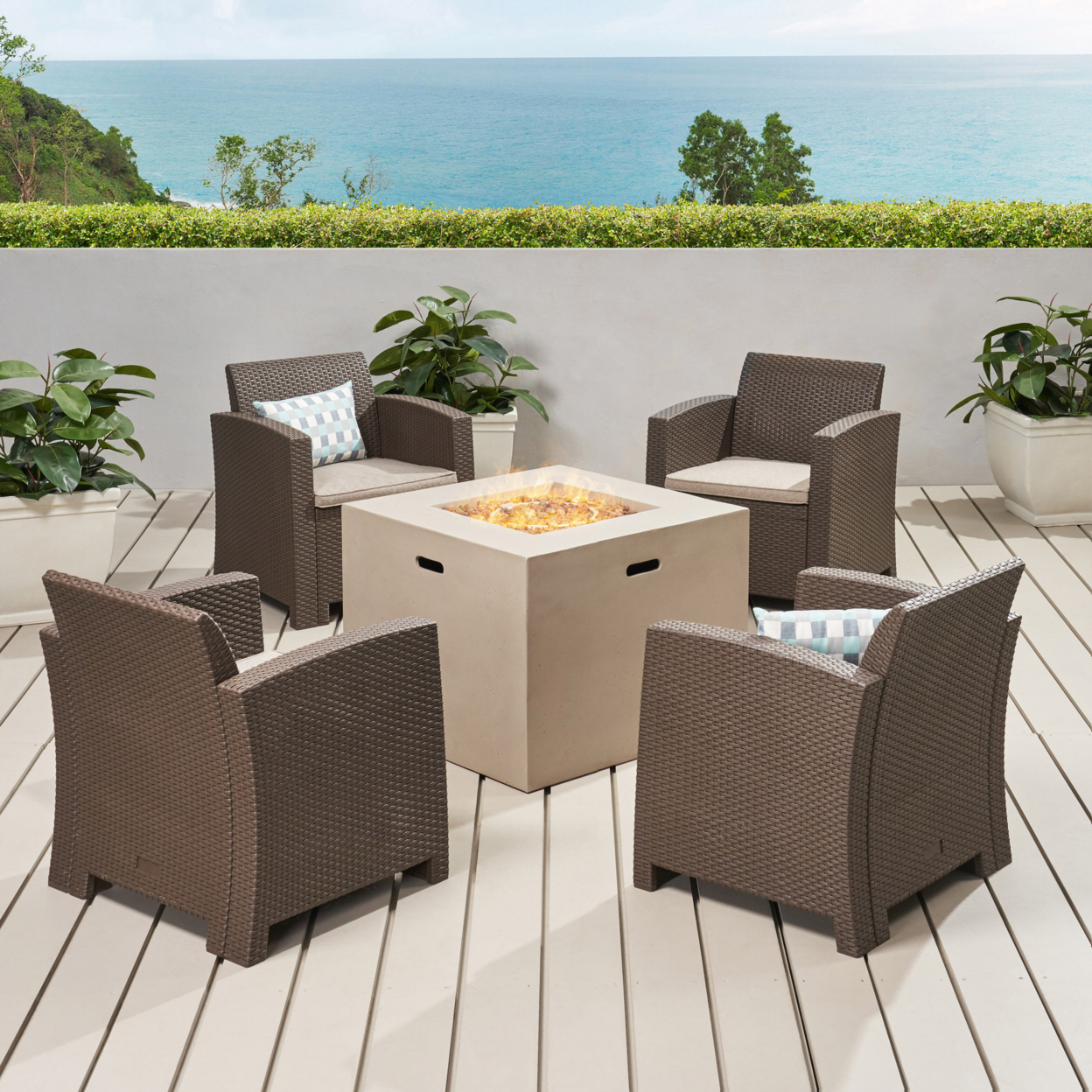 Houston Outdoor 4-Seater Wicker Print Chat Set With Propane Fire Pit - Charcoal + Light Gray + Dark Gray