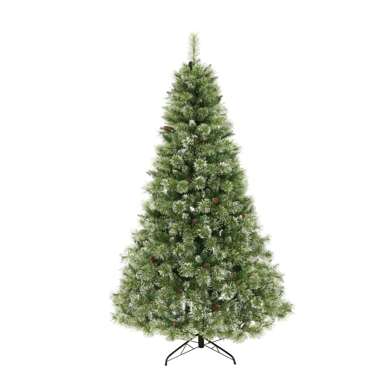 7.5-foot Cashmere Pine And Mixed Needles Pre-Lit LED Hinged Artificial Christmas Tree With Snow And Glitter Branches And Frosted Pinecones -