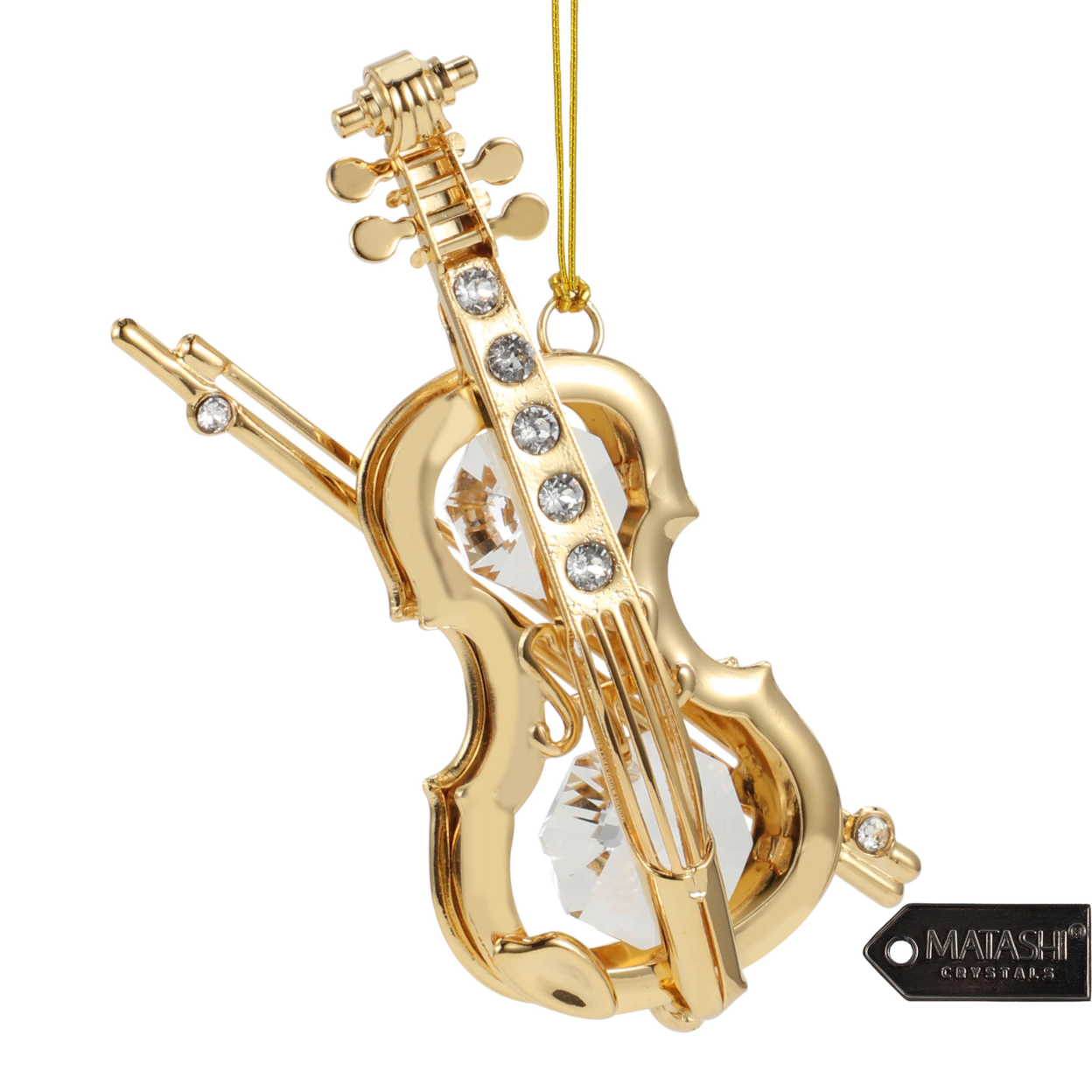 Matashi 24K Gold Plated Crystal Studded Violin And Bow Ornament Holiday Decor Gift For Christmas Mother's Day Birthday Anniversary