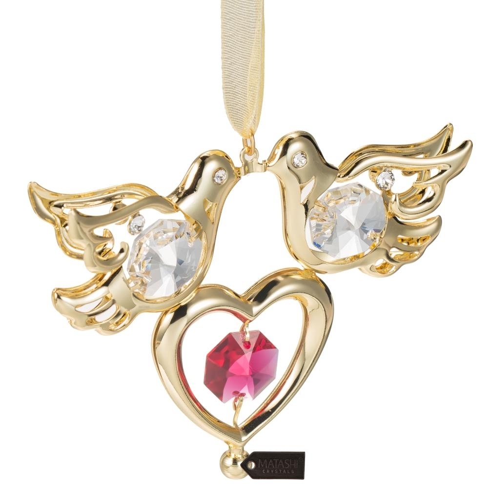 Matashi 24K Gold Plated Crystal Studded Love Doves Hanging Ornament (Red Crystal) Holiday Decor Gift For Christmas Mother's Day Birthday
